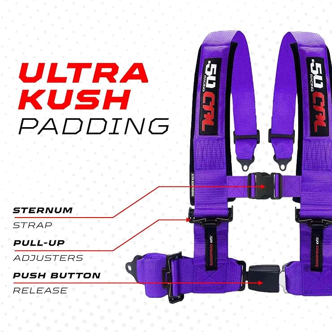 1pc 50 Cal purple 4 Point Harness 3in Straps, Racing Harness Seat Belt | Ultra Kush padding, Push Button quick release hardware. Universal Fit for UTV, RZR, race car.