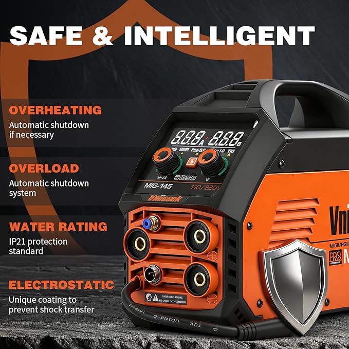 145A MIG Welder,110V/220V multiprocess welder, Gas Gasless MIG Welding Machine, 5 in 1 MIG/MMA/Lift TIG/Flux cored 0.8/Flux cored 1.0, LED Digital Display Synergic Control Aluminum Welding Machine