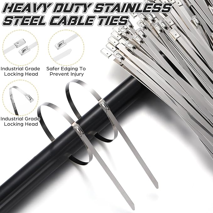 305 Pack Stainless Steel Cable Tie Gun Kit, 300 Pcs 8/11.8/16 Inch Metal Zip Ties (100 of Each), Adjustable Fastening and Cutting Tools for Fence, Chain Link Fence, Pipe, Industrial Use