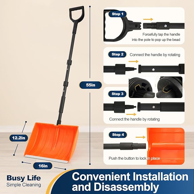 Yocada Snow Shovel 55" Long for Home Garage Driveway Snow Removal with D-Grip Handle Aluminum Strip Large Capacity Orange Shovel for Garden Car Camping Outdoor