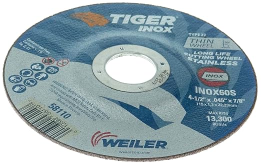 Weiler 58110 4-1/2 Inch Cutting Wheel, Tiger Inox Stainless Steel Contaminant-free High Performance Cutting, .045" INOX60S Type 27 7/8" Arbor, Pack of 25