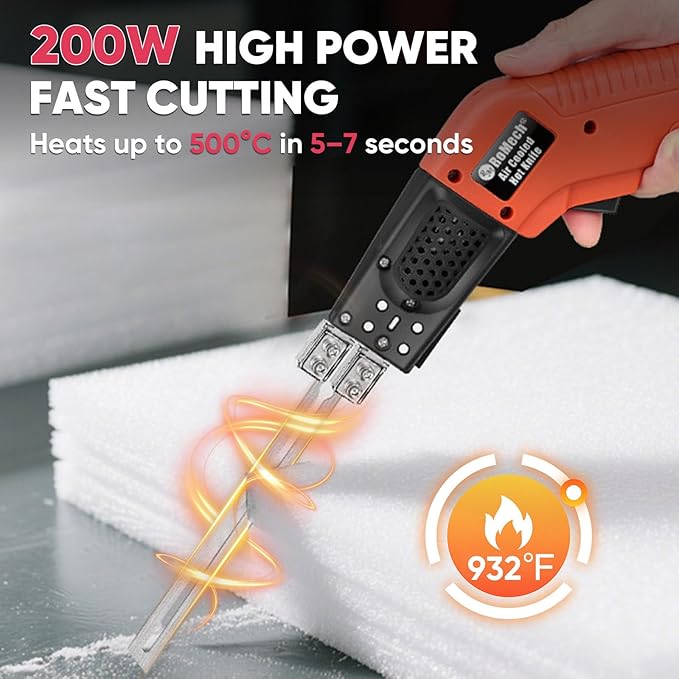 ROMECH Hot Knife Foam Cutter, 200W Air-Cooled Electric Foam Cutting Tool Kit with Blades & Heavy-Duty Case for EPS, XPS, EVA, EPP RM-009 (200W Air Cooled)