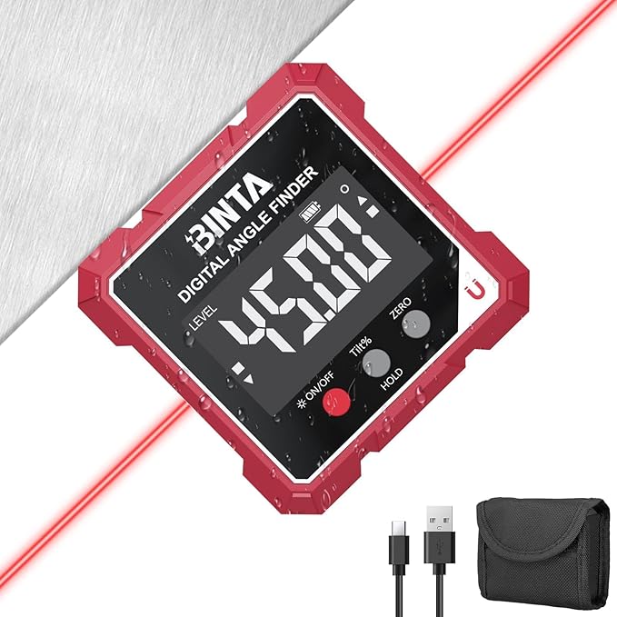 BINTA Digital Angle Finder with Laser, 4-side Magnetic Digital Angle Gauge, USB-C Rechargeable IP54 Waterproof Inclinometer, Table Saw Miter Protractor Laser Level for Woodworking Construction DIY
