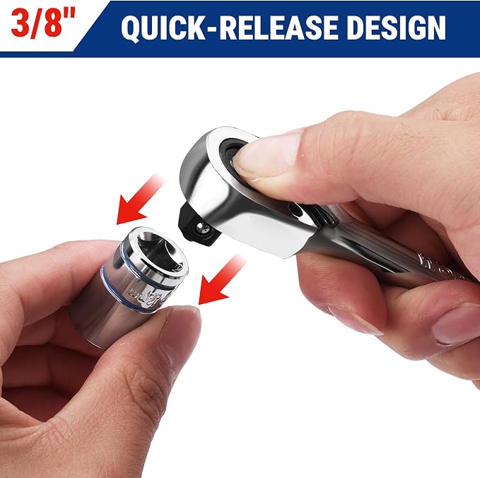WORKPRO 3/8-Inch Drive Low-Profile Ratchet, 90-Tooth Ratchet Wrench | Quick-Release Socket Wrench for Men Women, Reversible, 4° Swing, CR-MO Compact Drive Head, Full Polished