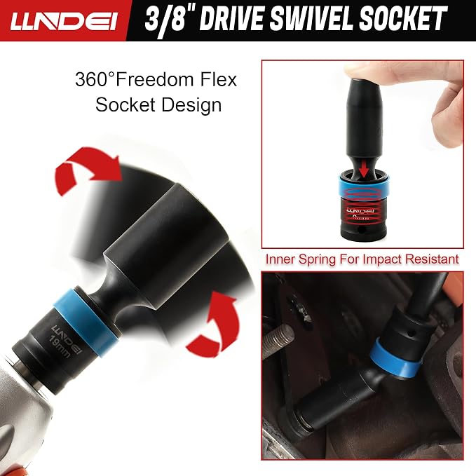 LLNDEI 3/8" Drive Deep Swivel Impact Socket Set 19Pcs CR-MO | Metric 8-22mm Wobble Sockets, 3"&6" Bars, for Engine Bay, Transmission Work, Exhaust Systems & Heavy Truck Repair