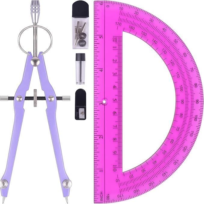 Unjoo Compass and Protractor Set, Professional Drawing Compass Tool, Metal Compass with Extra Refills, Compass for Geometry and 6 Inch Math Protractors 180 Degree (Purple)