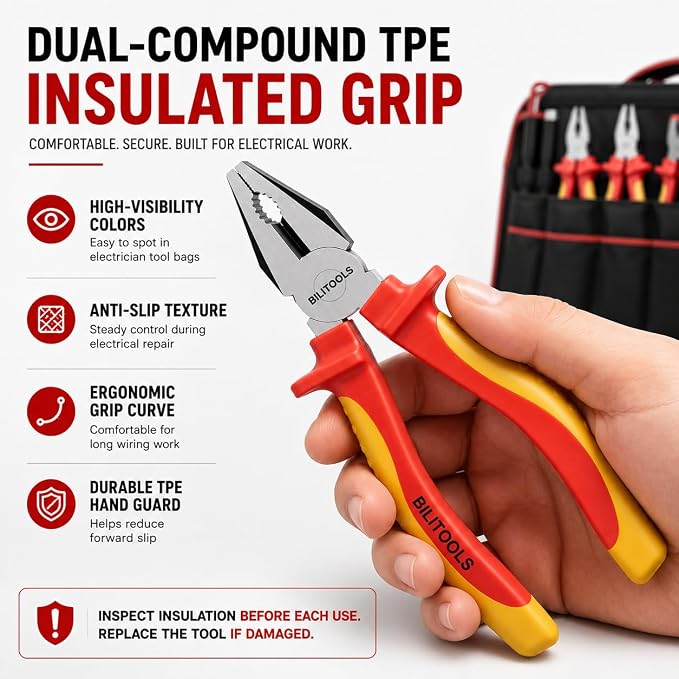 BILITOOLS High Leverage 1000V Insulated Pliers Set, Cr-Mo Electrician Tools
