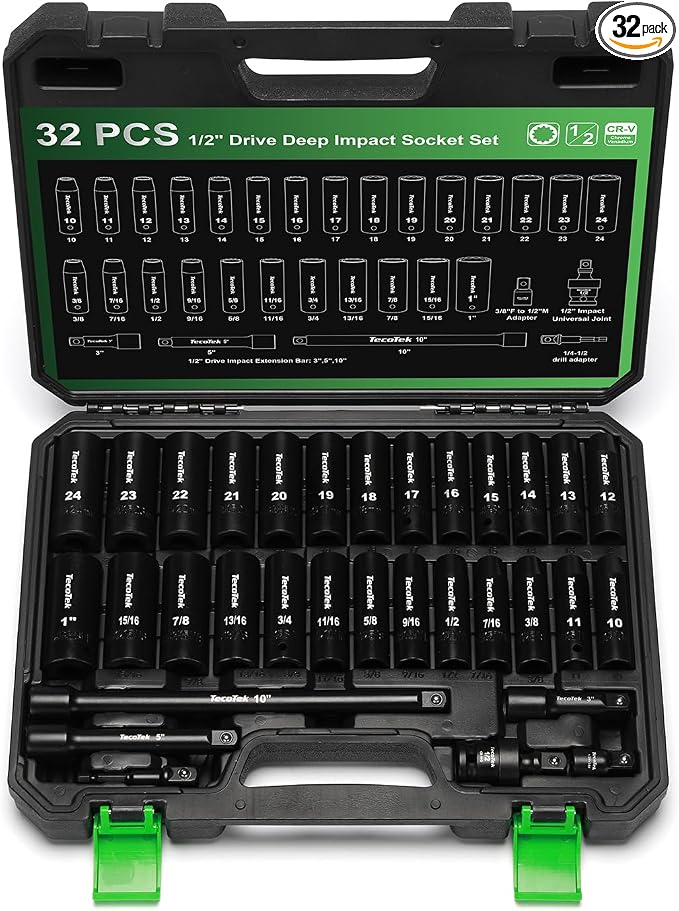 TecoTek 1/2" Drive Deep 12-Point Impact Socket Set, 32-Piece Socket Set, SAE 3/8-1-Inch and Metric 10-24mm Size, Includes Extension Bars, Universal Joint and Adapter, CR-V Steel