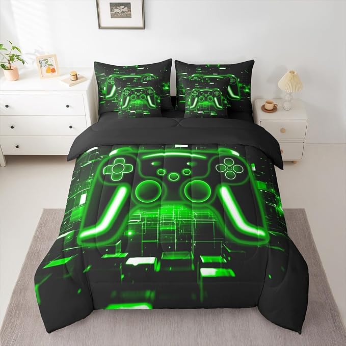 Erosebridal Gaming Queen Comforter Set with Sheets, Gamer 7 Piece Bedding Set Neon Lights Retro Game Console Bed in a Bag, Green Brick Cube Room Decor,Game Room Decor