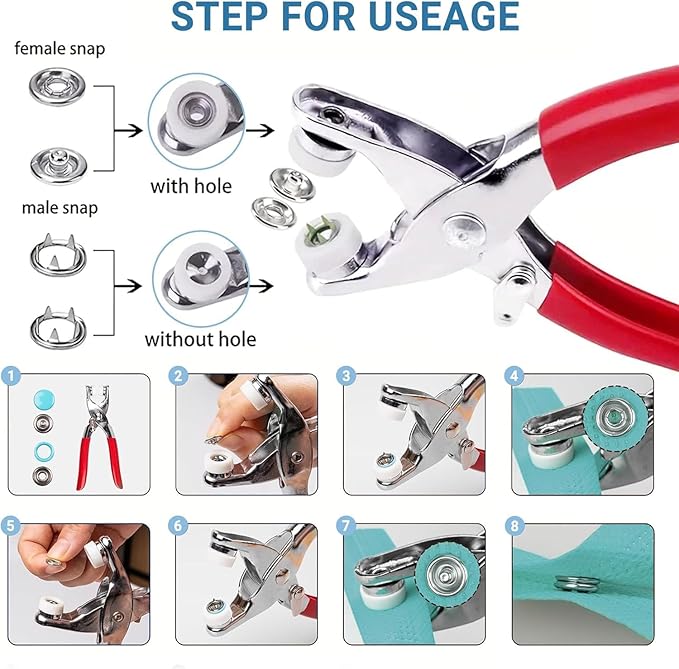 Snaps for Fabric 100set, 9 mm Snap Fasteners Kit with Pliers, Metal Snaps Kit with Tool, Five Claw Buckle Tool Set 10 Colors