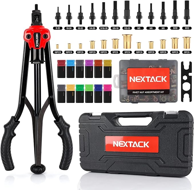 NEXTACK Heavy Duty Rivet Nut Tool Kit, 16" Pro Semi Auto Release Rivnut Nutsert Tool Set - 105pc Threaded Rivet Nuts & 12pc Mandrels | Organized Rugged Case NT800