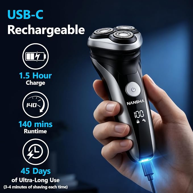NANSHA Electric Razor for Men with Pop-Up Trimmer, 100% Waterproof Electric Shaver, Rechargeable Cordless Shavers for Men, Type-C, 120Mins Runtime, Plug & Play, Black (Black)