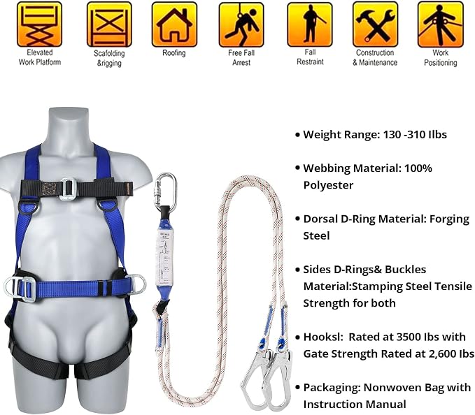 TT TRSMIMA Safety Harness Fall Protection Kit: Roofing Harness for Work | Men Construction Climbing Fall Arrest Safety Harnesses with Shock Absorbing Lanyard Rebar Hook Waist Pad