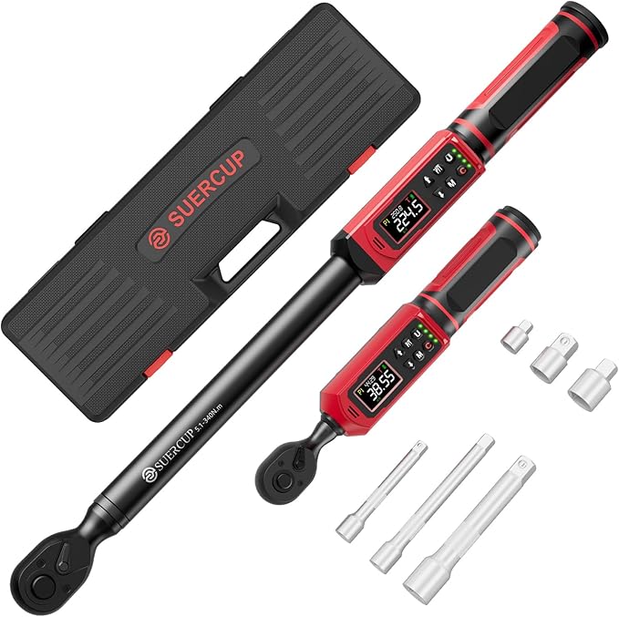 SUERCUP 3/8"&1/2" Digital Torque Wrench Set(0.66-44.29Ft.Lb/0.9-60N.m&3.8-250.8Ft.Lb/5.1-340Nm), ±1% Accuracy with Vibration, Buzzer,LED Notification and Five Units of Measure, for Car,Moto, DIY