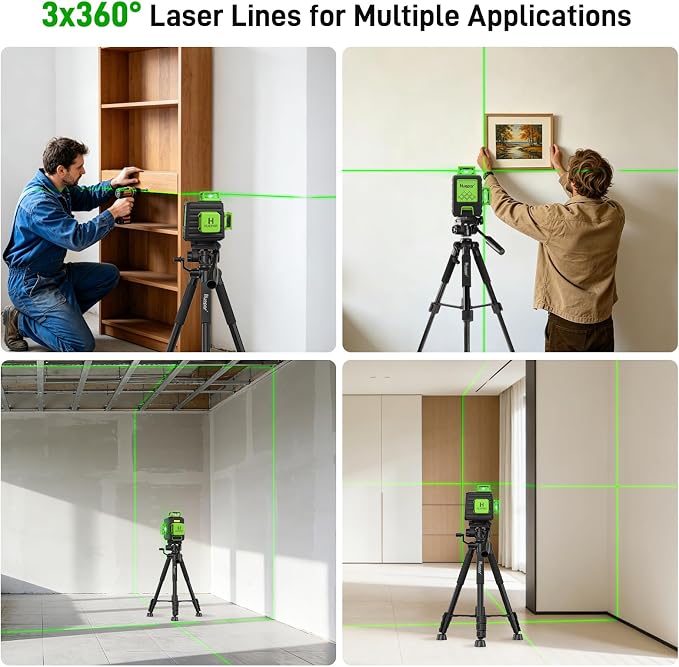 Laser Level 360 Self Leveling with 50" Tripod, Huepar 3x360° High Brightness Green Laser Leveler Tool for Construction, Tile and Picture Hanging, 5200 mAh Li-ion Battery & 2 Portable Bag Included