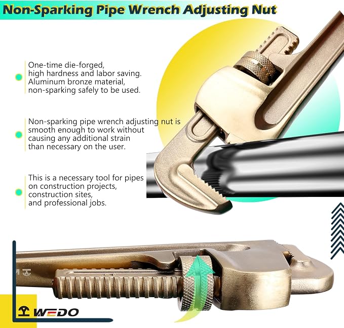 WEDO Non-Sparking Pipe Wrench 16”Spark-Free Straight Plumbing Wrench No Spark Safety Adjustable Spanner Length 450mm,Opening Max 60mm,Aluminum Bronze DIN/BAM/FM Standard