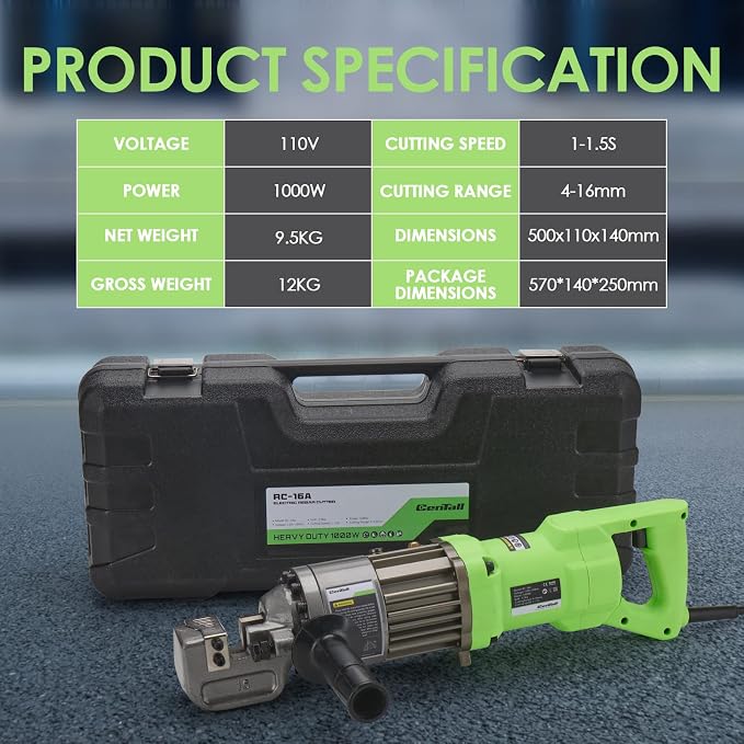 5/8" Electric Hydraulic Rebar Cutter 1-1.5s Cutting Speed Portable Rebar Cutter Cutting Rebar 4-16mm 1000w 120v/60hz RC16A