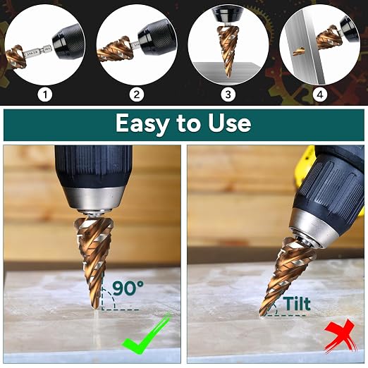 M35 Cobalt HSS Step Drill Bit Set, Four Spiral Flute Unibit Step Bits 1/8"-7/8" with Wear-Resistant TiAlN Coated, 1/4" Hex Shank for Metal,Stainless Steel, Carbon Steel,Wood, Plastic (3Pcs)