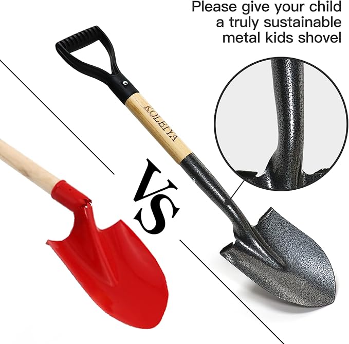 KOLEIYA Small Short Handle Shovel - 28 Inches Overall Length - Kids Metal Sand Shovel for Digging and Gardening - Metal + Wooden