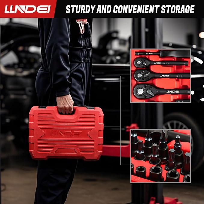 LLNDEI 160Pc Mechanics Socket Set 1/2 1/4 3/8" Drive Metric | CR-V Deep & Shallow Sockets, Metric, Quick Release Ratchet, Professional Tool Kit for Auto Repair, Truck, Garage & Home DIY