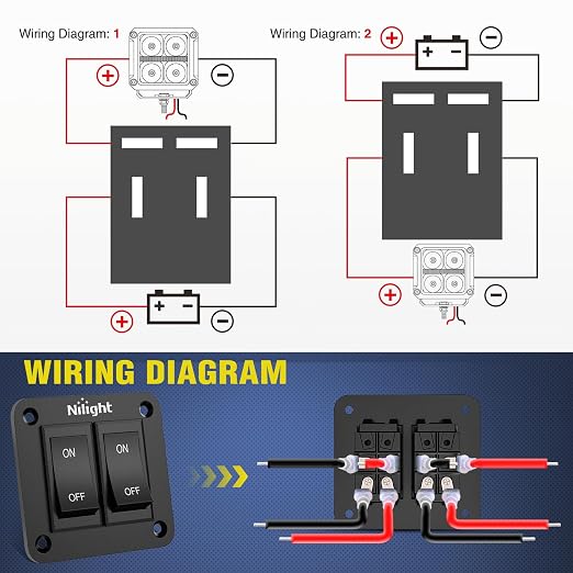 Nilight 2 Gang ON-Off Switch Panel 4 PIN DPST Toggle Switches 12V 20A Black Anodized Aluminium Shell Bracket with Screws Ternimals Jumper Wires Set for Cars Trailers Boats RV Camper