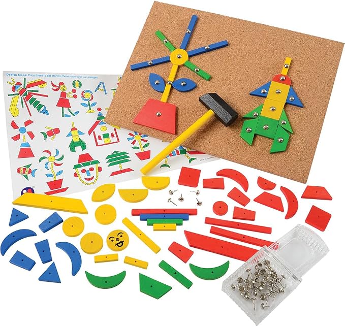 Hammer & Nail Design Kit – Montessori STEM Engineering & Geometry Building Set with 60 Wooden Tiles, Tacks, Hammer & Reusable Cork Board