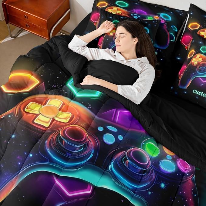 Customized Game Consoles Boys Twin Comforter Set for Boys Bed in a Bag 7 Piece Gamer Gifts,Personalized Gaming Twin Bedding Sets for Space Glow Geometric Kids Comforter Sets Boy,Gamer Decor