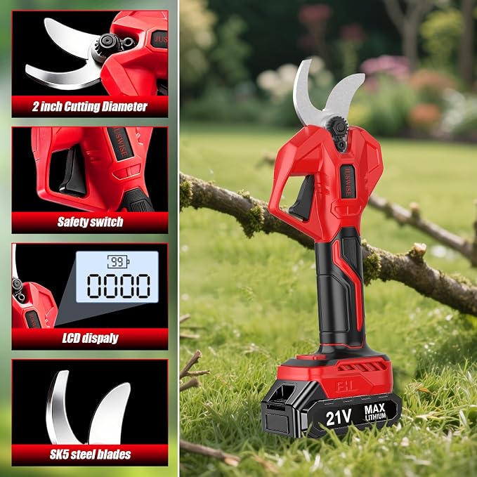 Electric Pruning Shears, 2 inch (50mm) Cutting Diameter Electric Pruner with LCD Display 2 * 2.0Ah Batteries Brushless Cordless Garden Shears for Branch, Fruit, Yard and Tree Trimming