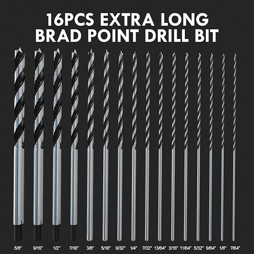 Brad Point Wood Drill Bit Set, 16Pcs 12 Inch Extra Long Drill Bit Set with Double Flutes Design for Carpenter Woodworking and All Types of Wood (7/64" - 5/8")