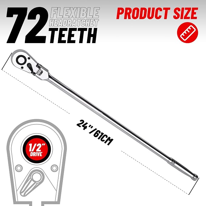 1/2 Inch Drive Ratchet Flex Head Ratchet 24"/610mm | 1/2 Ratchet Long Handle, 72 Tooth Quick Release Swivel Head Ratchet Cr-Mo Head Socket Wrench Flexible Ratchet Handle