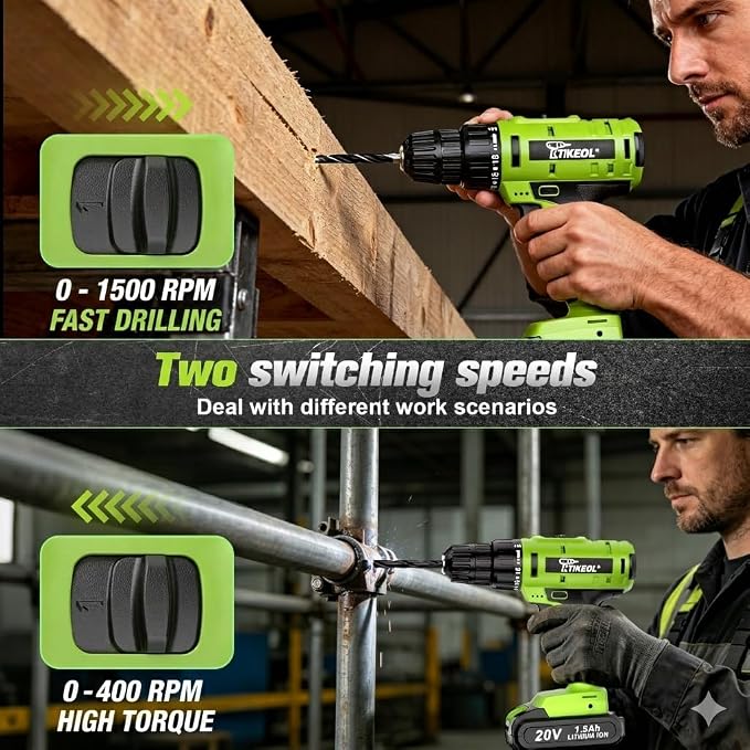 20V Cordless Drill Set with 1.5Ah Battery & Charger, 2-Speed Power Drill, Pure Copper Motor, 250 In-lbs, 3/8" Keyless Chuck, Tool Kit for Garage & DIY (Green)