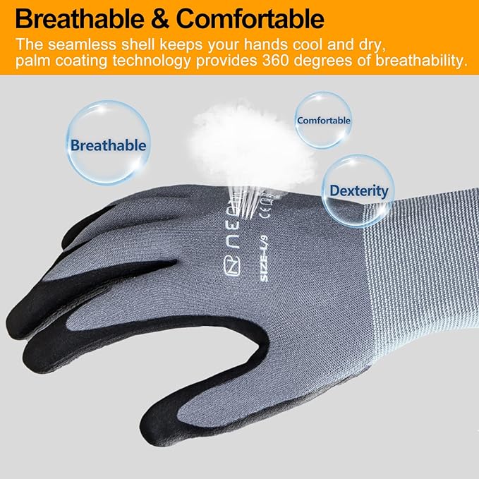 NEOTRIL Safety Work Gloves MicroFoam Nitrile Coated-3/6/12/36 Pairs,Breathable Nylon Working Gloves for Men Women
