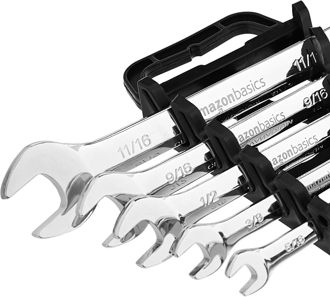 Amazon Basics 72-Tooth Ratcheting Combination Wrench Set, Chrome Vanadium Steel Flexible Head, 5-Piece SAE Sizes 5/16", 3/8", 1/2", 9/16", 11/16", Chrome Finish