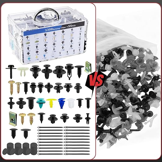 1355Pcs Car Body Retainer Clips Set - 3-Layer Storage Box with Metal Screws & U-Nuts. Universal Auto Push Pin Rivets + 5 Blue Trim Removal Tools for Bumper Fender (1355Pcs)