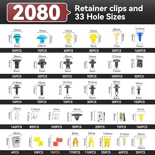 2080PCS Auto Retainer Clips Kit with Fastener Plier, Trim Removal Tools and 3-Layer Organizer Box, 33 Most Common Push Rivets for Car Bumper, Fender, Door Panel and Interior Repair