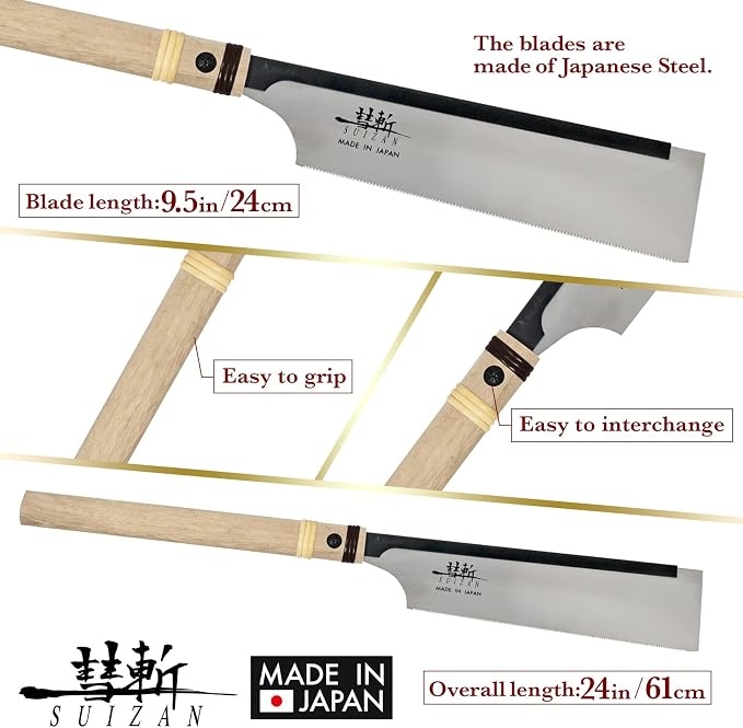 SUIZAN Dozuki Dovetail Saw 9.5" Cross Cut - Japanese Pullsaw Hand Saws | Professional Pull Saw for Woodworking Joinery Tenon Furniture Making DIY Tools Fine Wood Cut Sharp Replaceable Blade