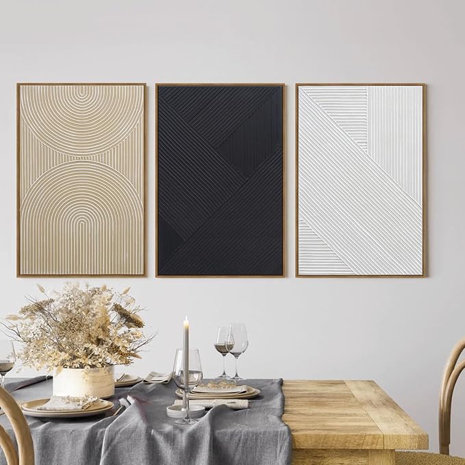 Neutral Textured 3D Wall Art Boho Abstract Hand-Painted Framed Wall Decor Minimalist Geometric Artwork Paintings- Living Room Bedroom Office - Modern Boho Black White Neutral Line 16"x24" 3 piece