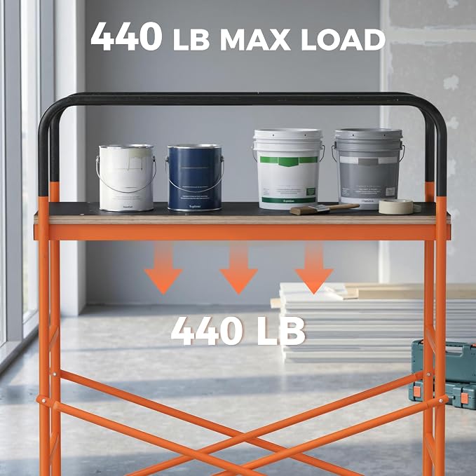 HOMCOM 4-Step Steel 4.6 x 2 x 6 ft. Scaffold 2 Wheels Free Moving for Indoor & Outdoor Decoration Anti-Skid, 440 Pound Capacity, Orange