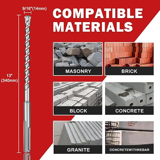 9/16" x 13" SDS Max Cross-Tip Rotary Hammer Drill Bit – Upgraded Heat-Treated Carbide Head, Extended Length 340mm for Longer Working Depth, Concrete Drill Bit for Masonry, Brick & Stone