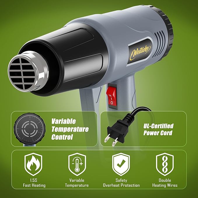 Heat Gun 212~1202℉ Dual-Lvel Temperature Control 4 Nozzles Overload Protection for Crafting, Shrink Tubing, Vinyl Wrap, Shrink Wrap,5Ft Power Cord (Shink Tube Kit(10Ft))