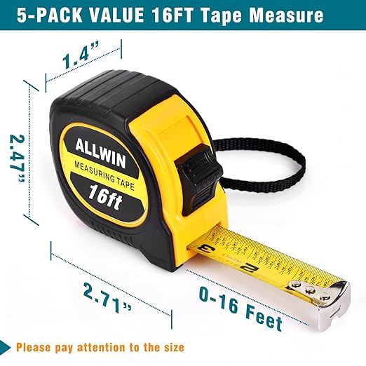 Tape Measure 16 ft, Easy Read Measuring Tape with Fractions 1/8, Retractable 16-Foot by 3/4-Inch Blade with Durable Coating & Impact-Resistant Case for Contractors & DIY - 5 PCS