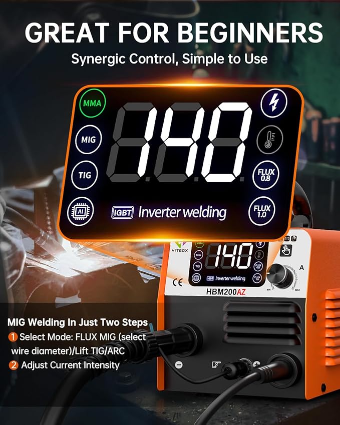 HITBOX 140A Mig Welder Machine 110v 3 in 1 Flux Core Welding/Lift TIG/Stick Gasless Wire Maquina de Soldar Upgraded Handheld Welder Gun Welding Kit High-End Chip with IGBT Inverter LED Display