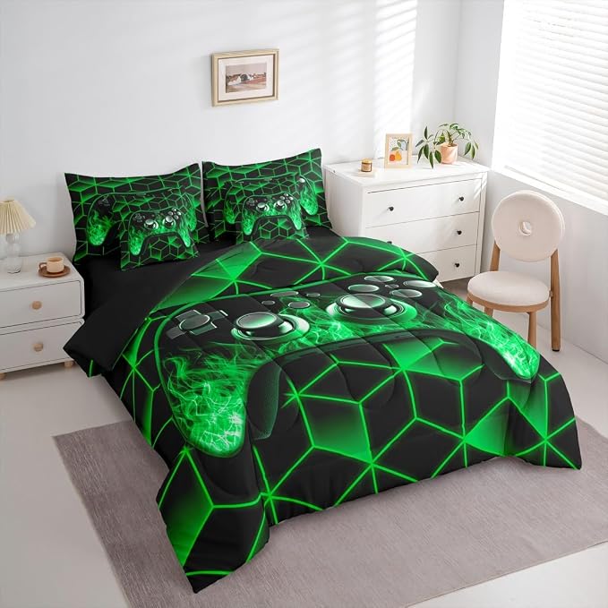 Game Consoles Bed in a Bag King Size Comforter Set 7 Pieces,Neon Geometric Gamepad Bedding Set,3D Geometric Gamer Sheet Set Green Flame Bed Set,Gaming Decor for Boys Bedroom Gamer Gifts