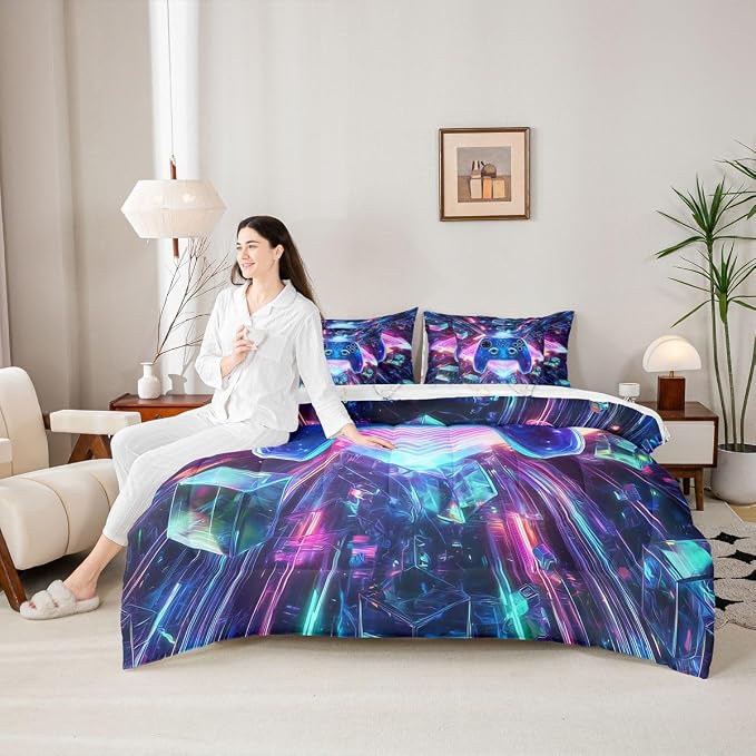 Erosebridal Galaxy Gaming 7 Piece Comforter Set Full Bed in a Bag | 3D Cube Gamer Bedding Sets Diamond Neon Lights Comforter and Sheet Set, Modern Game Consoles Bed Sets