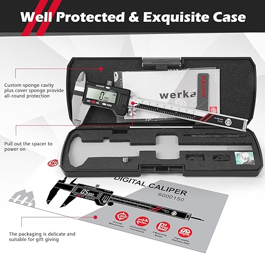 werka Digital Caliper, 0-6” Calipers Measuring Tool, Auto-Off Micrometer Caliper with 0.001”High-Accuracy,Inch/Fraction/Millimeter Conversions Button,4 Measuring Ways, Stainless Steel Construction