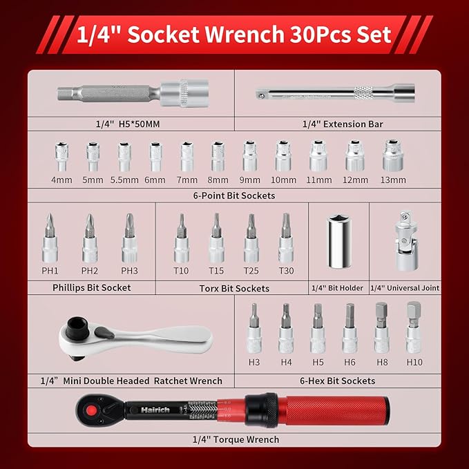 Hairich Torque Wrench Bicycle,1/4 inch drive 2.3-24.9 N.M/20-220IN.LB, Bike Torque Wrench Set,30PCS Click Torque Wrenches with 1/4 Ratchet Wrench, Extension Bar, Sockets for Bicycle