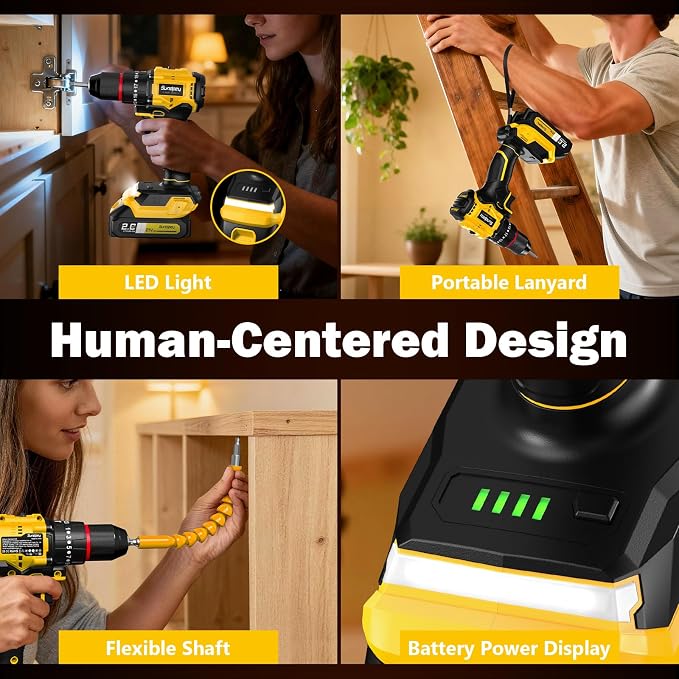 Sundpey Cordless Power Drill Set - 620in-lbs 3/8" Metal Chuck Electric Drill w/Brushless Motor & 23+3 Torque Settings & 2 Battery & LED Light - Drills Driver for Home DIY Woodworking Bricks Drilling