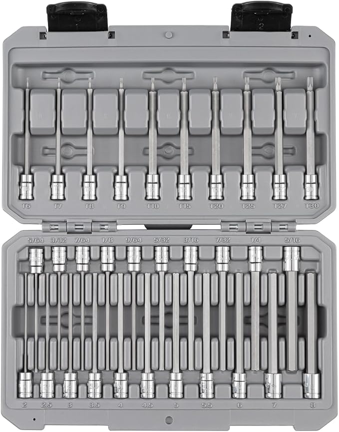 TEKTON Long Hex and Torx Bit Socket Set, 31-Piece | SHB90303 | 1/4 Inch Drive, (5/64 - 5/16 in., 2 - 8 mm, T6 - T30), Case