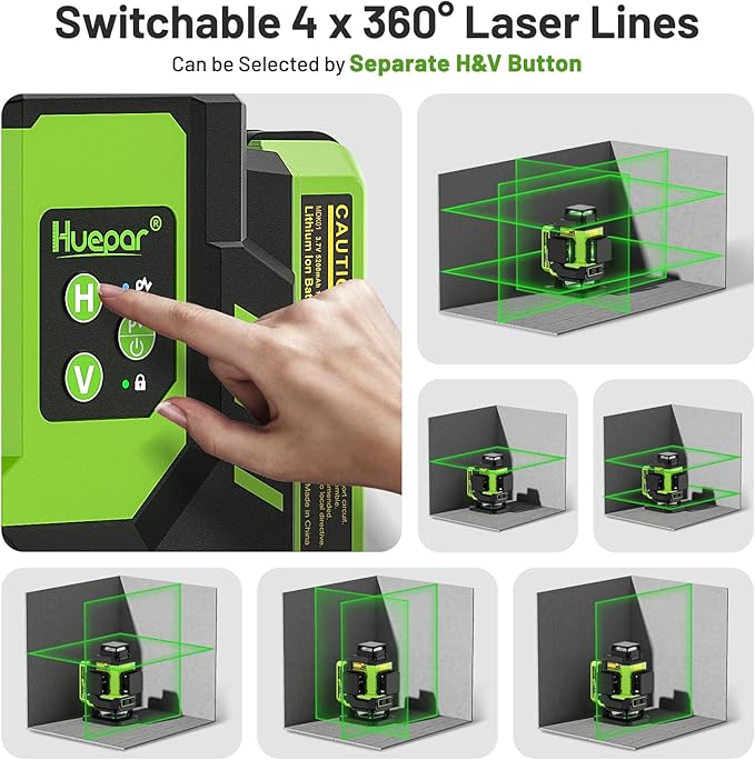 Huepar Laser Level 360 Self Leveling, Rechargeable Green Laser 4x360° Cross Line Lazer Leveler 4D Level Laser Tool for Construction with Two Li-ion Batteries, Magnetic Bracket &Hard Carry Case -LS04CG