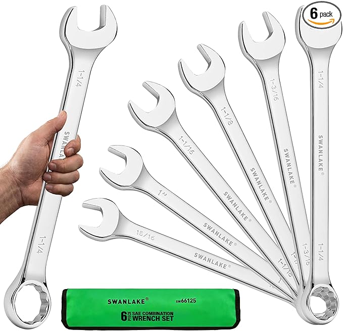 SAE Wrench Set, Large Wrench Set, 6-Piece 15/16″, 1", 1-1/16", 1-1/8", 1-3/16", 1-1/4" Long Big Box End Wrenches Tools Set with Rolling Pouch, 12 Point Combination Wrenches Sets